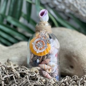 “Beach in a Bottle”  Seashells sand w Coral Shell Compass Wave Charms Nautical